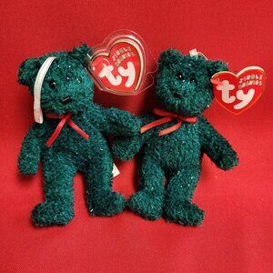 Holiday Green Teddy Ty Jingle Beanies Set of 2 Plush Christmas Ornaments 2004